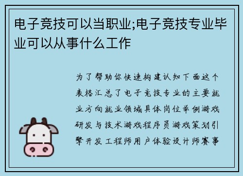 电子竞技可以当职业;电子竞技专业毕业可以从事什么工作